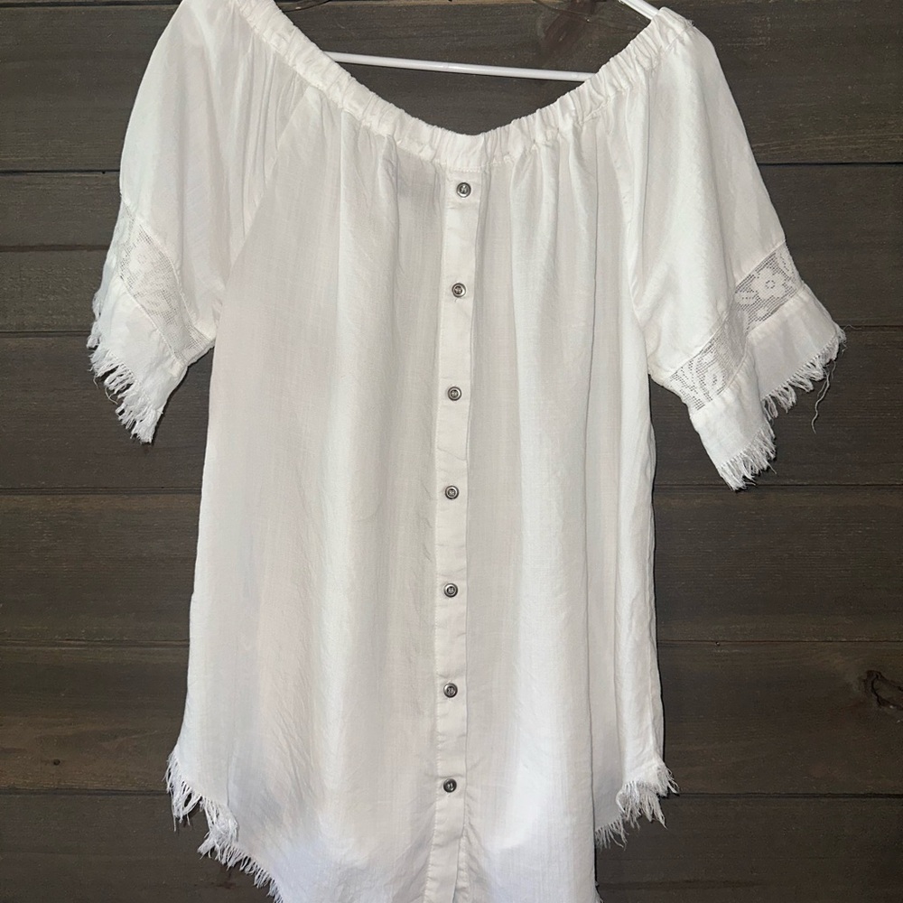 BILLY T White Off-Shoulder Fringe Tunic Top - Picture 2 of 6